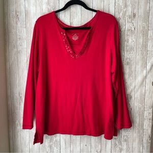 White Stag Tee Woman Cotton V-Neck Long Sleeve Sequins and Beads Red Size 2X